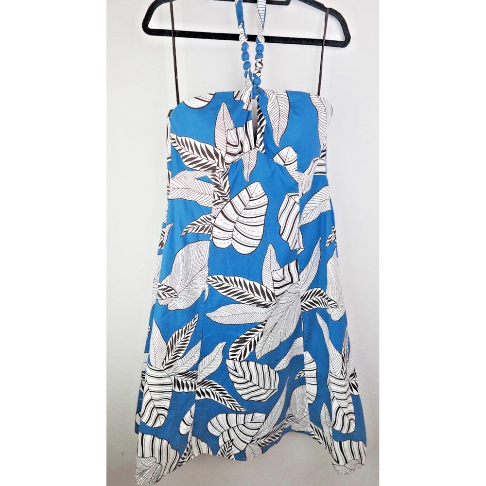 Cato Blue White Tropical Leaf Print Halter Sundress Beaded Strap Women's 14‎